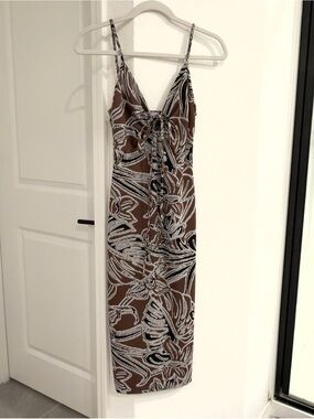 Zara Brown Floral Midi Dress with White & Black Leaf Print